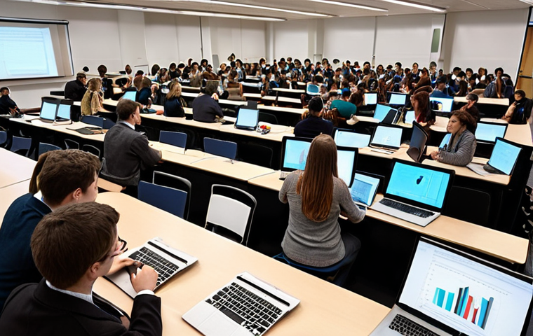 **
A bustling university lecture hall, but instead of a professor, a CEO is presenting. Students are actively engaged, some taking notes on laptops, others participating in a Q&A. In the background, holographic displays showcase collaborative research projects between the university and various aziende (companies). The overall atmosphere is energetic and forward-thinking, emphasizing the "Sinergie Formative" and the bridge between academia and the business world. Focus on modern technology and a sense of innovation.
**