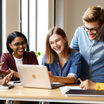 **

A diverse group of university students are gathered in a sunlit, modern co-working space. Some are engaged in animated conversation with a slightly older, smartly dressed professional who is gesturing and smiling. Laptops and notebooks are scattered around the table. The overall feeling is collaborative, supportive, and focused on career development. Focus on warm, inviting colors and a sense of community.

**