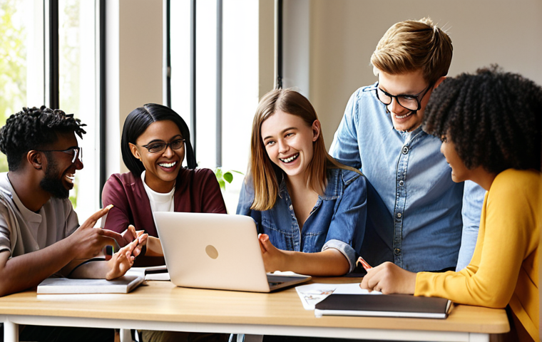**

A diverse group of university students are gathered in a sunlit, modern co-working space. Some are engaged in animated conversation with a slightly older, smartly dressed professional who is gesturing and smiling. Laptops and notebooks are scattered around the table. The overall feeling is collaborative, supportive, and focused on career development. Focus on warm, inviting colors and a sense of community.

**
