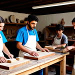 A group of young, diverse students, fully clothed in modest work aprons and professional attire, attentively learning traditional wood carving techniques from a wise, experienced Italian artisan. They are gathered around a sturdy workbench in a rustic, well-lit artisan workshop, with wooden tools and unfinished pieces visible. The scene emphasizes intergenerational learning, focus, and the passing down of valuable skills. The environment is clean and organized, showcasing traditional Italian craftsmanship. Perfect anatomy, correct proportions, natural pose, well-formed hands, proper finger count, natural body proportions, safe for work, appropriate content, fully clothed, family-friendly, professional photography, high quality.