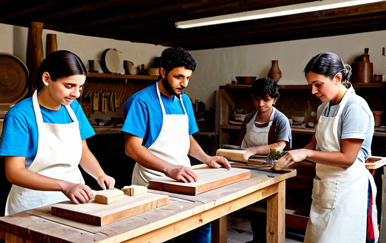 A group of young, diverse students, fully clothed in modest work aprons and professional attire, attentively learning traditional wood carving techniques from a wise, experienced Italian artisan. They are gathered around a sturdy workbench in a rustic, well-lit artisan workshop, with wooden tools and unfinished pieces visible. The scene emphasizes intergenerational learning, focus, and the passing down of valuable skills. The environment is clean and organized, showcasing traditional Italian craftsmanship. Perfect anatomy, correct proportions, natural pose, well-formed hands, proper finger count, natural body proportions, safe for work, appropriate content, fully clothed, family-friendly, professional photography, high quality.
