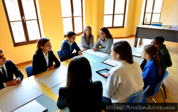 Home 14 교육적 파트너십의 미래 예측 - Photorealistic future-focused educational partnership in a sunlit Italian secondary school classroom...