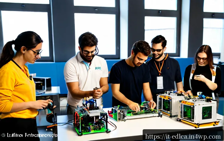 Home 15 학교와 기업의 협력 사례 - Photorealistic Italian university engineering laboratory, a diverse group of students in safety glas...